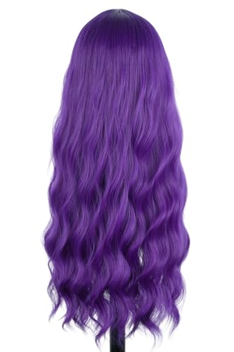 Women Synthetic Long Wavy Wig Purple Hair with Single Purple Pink Streak Gothic Vampire Cosplay Wig Halloween Carnival Costume Party Wigs | Halloween Party, Cosplay Costume, Gothic Style, Vampire Theme - color: Purple/