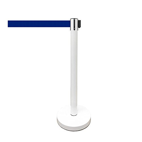 Retractable Stanchion, 6 SPECIALTY Posts + Signframe, 36" Ht, 78" Special Event & Holiday Theme Belt + Bonus Replacement Cassettes + Wall Receiver (WHT Post/Blue Belt) - color: Wht Post/Blue Belt