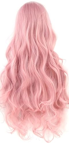 IMISSU 80cm Long Curly Natural Hair Wig with Bangs Colorful Halloween Costume Party Wigs for Women (Pink) - color: Pink