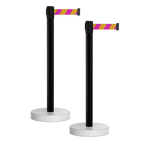 Crowd Control Warehouse - CCW Set of 2 Retractable Belt Barrier Stanchion, Water Fillable Base MSH630-11 Foot Belt, Magenta and Yellow Diagonal with Black PVC Plastic Post - color: Magenta and Yellow Diagonal, size: Black Post