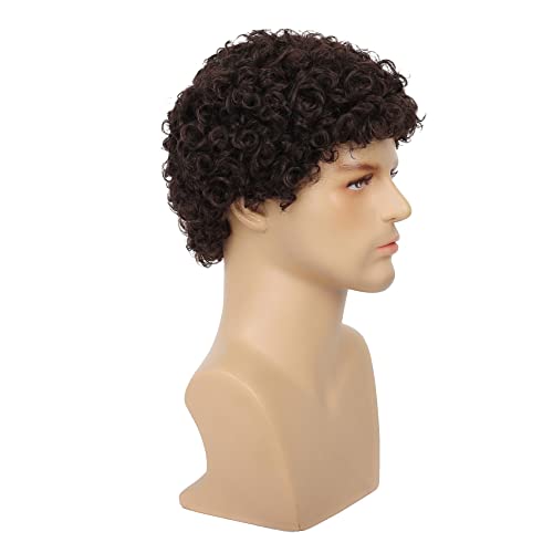 Swiking Mens Brown Afro Curly Wig Rocker Wig Dark Brown Short Hair Replacement Wigs Cosplay Daily Costume Wigs for Male Guy(Dark Brown) - color: Dark Brown