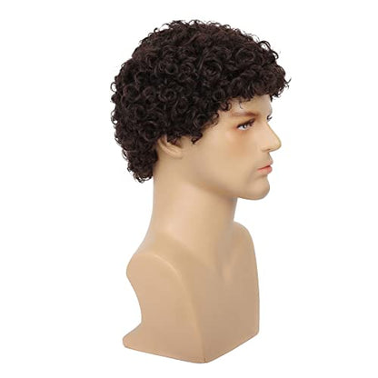 Swiking Mens Brown Afro Curly Wig Rocker Wig Dark Brown Short Hair Replacement Wigs Cosplay Daily Costume Wigs for Male Guy(Dark Brown) - color: Dark Brown