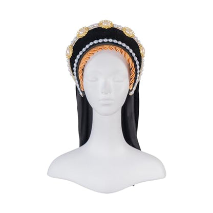 Willyacos Tudor French Hood Anne Boleyn Costume Headpiece Elizabethan Headwear Renaissance Tudor Hat Headdress Headband - color: Black