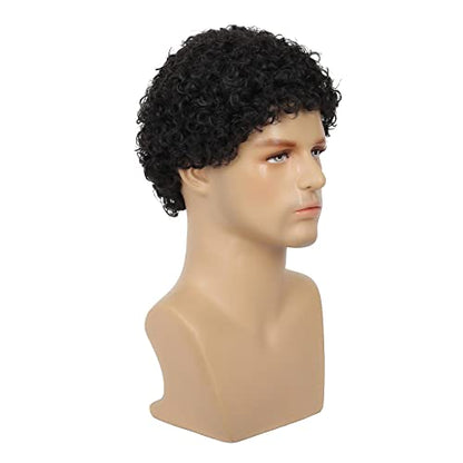 Swiking Mens Curly Afro Wigs Short Black Wig for Male Guy Rocker Wig California Halloween Cosplay Costume Full Wigs（Black） - color: Black