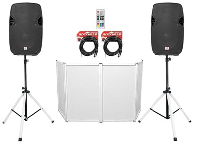 Rockville SPGN108 10" Passive DJ PA Speaker Pair Bundle with LED Stands | 800W Peak / 200W RMS Each, 8 Ohm, Sound Activated RGB, 2 RCTS1425 Speakon Cables, RFAAW Facade with Travel Bag, 7-Items