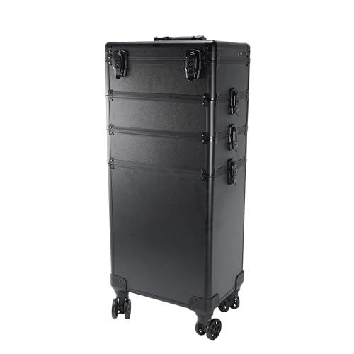 4 in 1 Rolling Makeup Train Case with Light & Mirror, Interchangeable Cosmetic Box, Cosmetology Caboodle Case on 360° Wheels, Beauty Storage Luggage(Black) - color: Deep Black