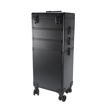 4 in 1 Rolling Makeup Train Case with Light & Mirror, Interchangeable Cosmetic Box, Cosmetology Caboodle Case on 360° Wheels, Beauty Storage Luggage(Black) - color: Deep Black