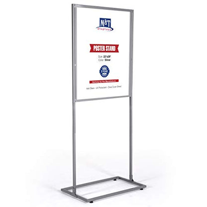 M&T Displays Metal Eco Info Board, Silver 22x28 Inches Slide-In Poster Sign Holder 1 Tier Double Sided Floor Standing Pedestal Advertising Display with Backing and Anti-Glare PET Cover