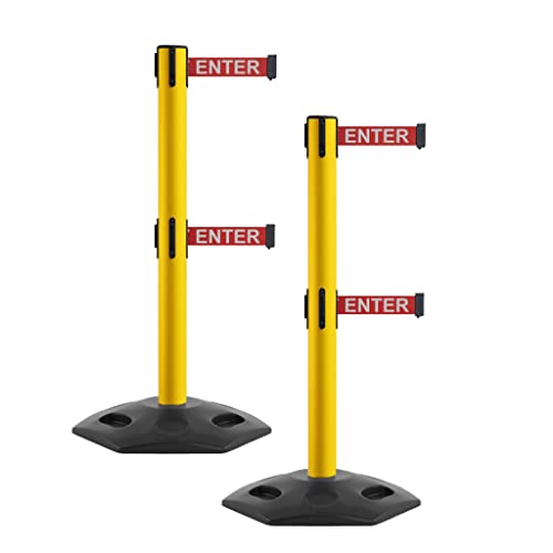 MSR650D Set of 2 Retractable Belt Barrier Stanchion, Heavy-Duty Rubber Base, Yellow Steel Post (14 ft Red with"Caution - DO NOT Enter" White Letters Belt) - color: Red with "CAUTION - DO NOT ENTER" White Letters, size: Yellow Steel