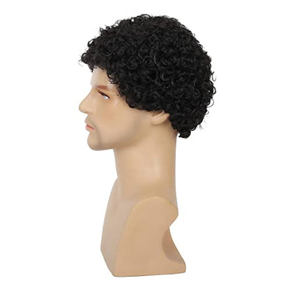 Swiking Mens Curly Afro Wigs Short Black Wig for Male Guy Rocker Wig California Halloween Cosplay Costume Full Wigs（Black） - color: Black