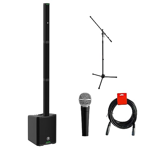 Mackie SRM-Flex Portable 1300W Column PA System Bundle with Superlux TM58 Dynamic Vocal Microphone with Auray MS-5230F Tripod Microphone Stand and XLR-XLR Cable