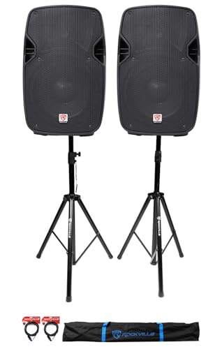 Rockville SPGN108 10" Passive DJ PA Speaker Pair with RVSS2 Tripod Stands | 1600W Peak / 400W RMS, 8-Ohm, Twist-Lock I/O, 2 Tripod Stands, 2 20' 1/4"-Twist-Lock Cables, Carry Bag, 4-Items