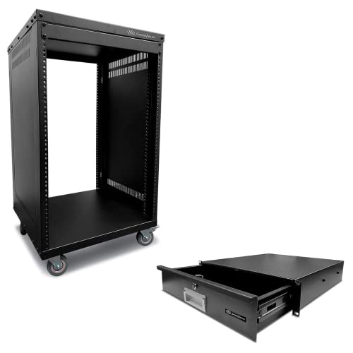 AxcessAbles RK 16U AV Rack Stand with 2U Locking Rack Drawer | 19-Inch Rack-mountable Cabinet and 15" Deep Secured Metal Server Rack Mount Storage Drawer