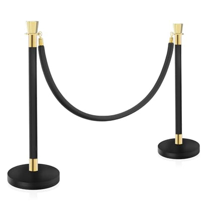 Black Stainless Steel Stanchions Rope - Crowd Control Barriers with Red Carpet Safety Barrier, Velvet Ropes and Posts & Retractable Belts for Party Theater Weddings, Museums - 2 Pcs - color: Black, size: 2Pcs