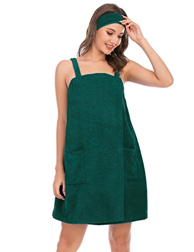 Veseacky Women Bath Wrap Towel for Womens Shower with Pocket Adjustable Spa Robe & Facial Headband - color: Army Green, size: Large
