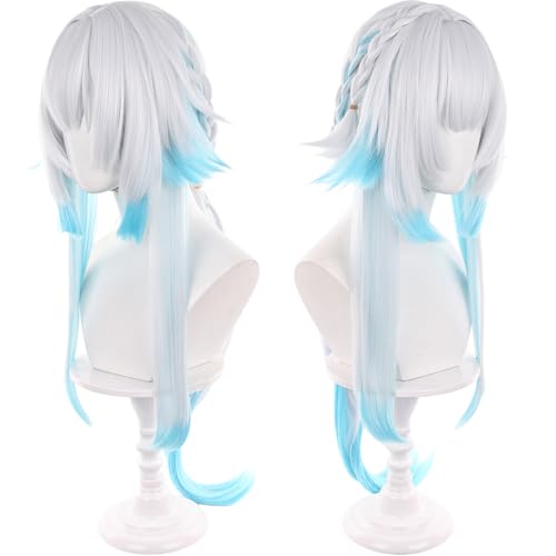 Anime White Gradient Blue Wigs with Bangs Women Long Straight Wig with Braids and Ponytail Cery Adult COS Game Empress Wigs Halloween,Christmas,Comic con,Game Show,Party - color: Blue White Gradient