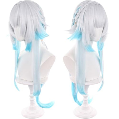 Anime White Gradient Blue Wigs with Bangs Women Long Straight Wig with Braids and Ponytail Cery Adult COS Game Empress Wigs Halloween,Christmas,Comic con,Game Show,Party - color: Blue White Gradient