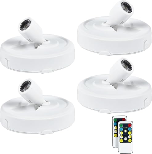 4 Pack Wireless LED Spotlight Battery Operated Picture Puck Lights with 2 Remote, Dimmable Stick Spot Lights with Timmer for Wall Display Painting Dartboard Artwork Accent Closet - color: White, size: 4 Pack