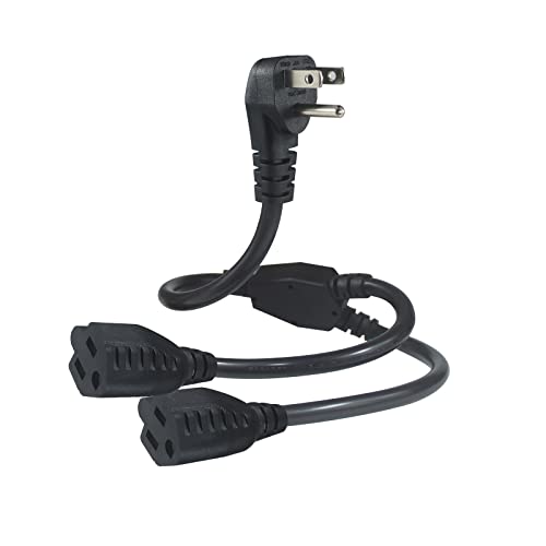 Power Cord Extension Y Splitter - 1 to 2 Way Outlet Adapter NEMA 5-15P 90-Degree Flat Plug to 2 X NEMA 5-15R with SJT 16AWG 3-Prong Cable Wire Extender Space Saver for Home Office Appliance 2-Pack - size: 1FT 2-Pack