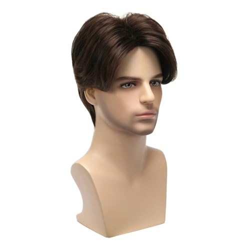 Mens Brown Wig Short Middle Part Straight Synthetic Wigs,Male Wig Daily Cosplay Party Halloween - color: H-Brown