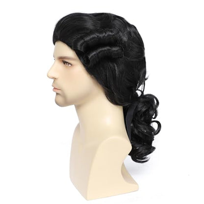 Adequate Men's Black Colonial Judge Wig, 18th Century Gentleman Curly Wig with Ribbon for George Washington Halloween Cosplay Costume Party (Black) - color: C-Black