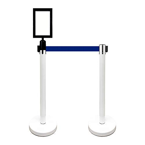 Retractable Stanchion, 6 SPECIALTY Posts + Signframe, 36" Ht, 78" Special Event & Holiday Theme Belt + Bonus Replacement Cassettes + Wall Receiver (WHT Post/Blue Belt) - color: Wht Post/Blue Belt