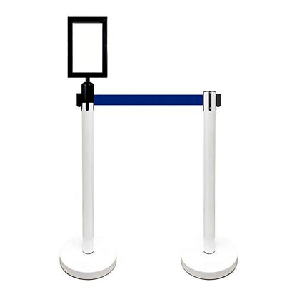 Retractable Stanchion, 6 SPECIALTY Posts + Signframe, 36" Ht, 78" Special Event & Holiday Theme Belt + Bonus Replacement Cassettes + Wall Receiver (WHT Post/Blue Belt) - color: Wht Post/Blue Belt