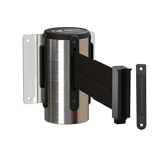 Montour Line WM115 Wall Mounted Retractable Belt Barrier with Standard Belt End, Fixed Mount, Polished Stainless Steel Casing (8.5 ft Black Belt) - color: Black, size: 8.5 ft