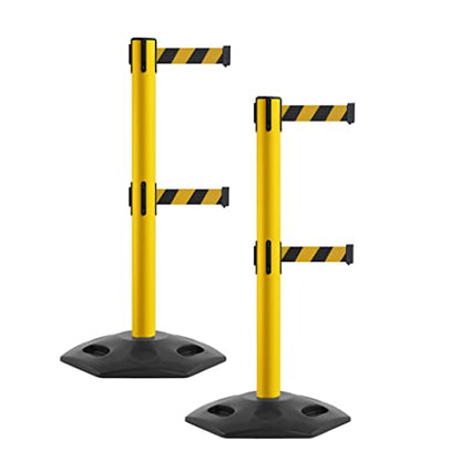 MSR650D Set of 2 Retractable Belt Barrier Stanchion, Heavy-Duty Rubber Base, Yellow Steel Post (14 ft Black and Yellow Diagonal Belt) - color: Black and Yellow Diagonal, size: Yellow Steel