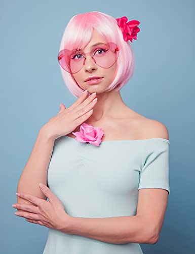 LIULIUBTY Short Bob Hair Wigs Straight with Flat Bangs Synthetic Colorful Cosplay Daily Party Neon Wig for Women + Free Wig Cap 12" Natural As Real (Cute Pink) - color: Cute Pink