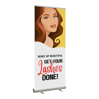Lashes & Brows Retractable Stand Banner by DC | 33"x81" Roll-Up Display | Wake Up Beautiful Get Your Lashes Done Vertical Pull-Up Banner for Trade Shows & Events | Made in USA | (Stand Not Included) - color: Wake Up Beautiful Get Your Lashes Done, size: R