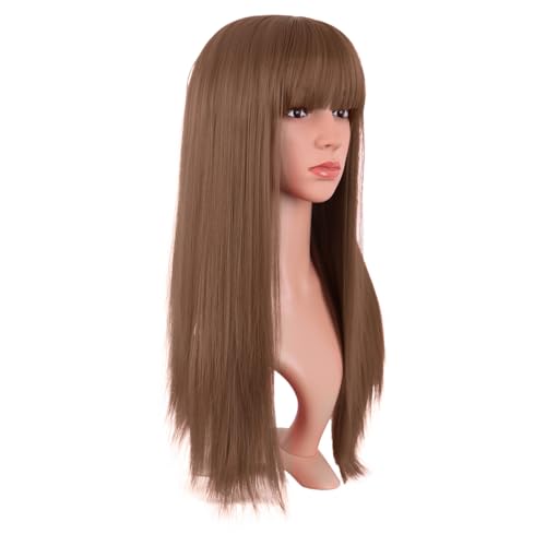MapofBeauty 24 Inch Long Straight Flat Bangs Party Cosplay Wig,Medium Brown | 60 cm Synthetic Hair Wig, Heat Resistant, Women - color: Medium Brown