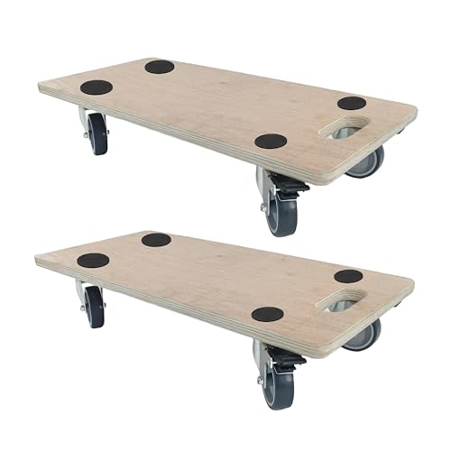 Furniture Dolly 4 Wheels, Furniture Movers, 2 Packs 2200 lb Load Capacity Heavy Duty Real Wood Dolly, Multifunctional Moving cart with 4 Soft Rubber Silent Wheels （2 with Brake+ 2 Without） - size: Real Wood Dolly with Brake Wheels