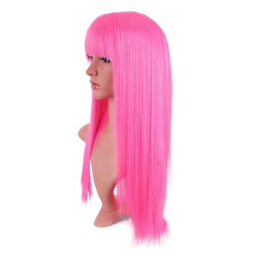 MapofBeauty 24 Inch Long Straight Flat Bangs Party Cosplay Wig, Neon Pink | 60 cm Synthetic Hair Wig, Heat Resistant, Women - color: Neon Pink