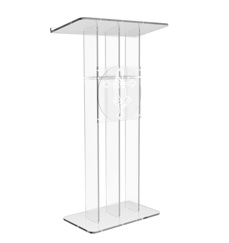 FixtureDisplays® Clear Podium Plexiglass Lecturn Transparent Church Pulpit with Christian Church Cross Prayer Hand Trinity Style Easy Assebmly Required 15411+12152-NPF