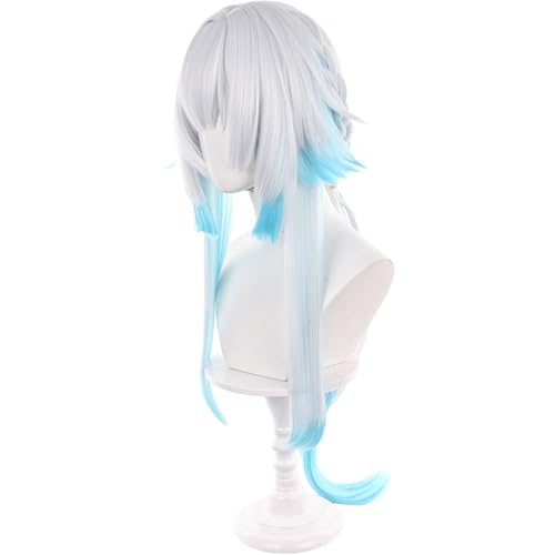 Anime White Gradient Blue Wigs with Bangs Women Long Straight Wig with Braids and Ponytail Cery Adult COS Game Empress Wigs Halloween,Christmas,Comic con,Game Show,Party - color: Blue White Gradient