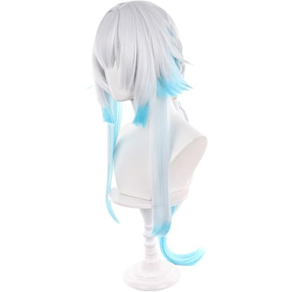 Anime White Gradient Blue Wigs with Bangs Women Long Straight Wig with Braids and Ponytail Cery Adult COS Game Empress Wigs Halloween,Christmas,Comic con,Game Show,Party - color: Blue White Gradient