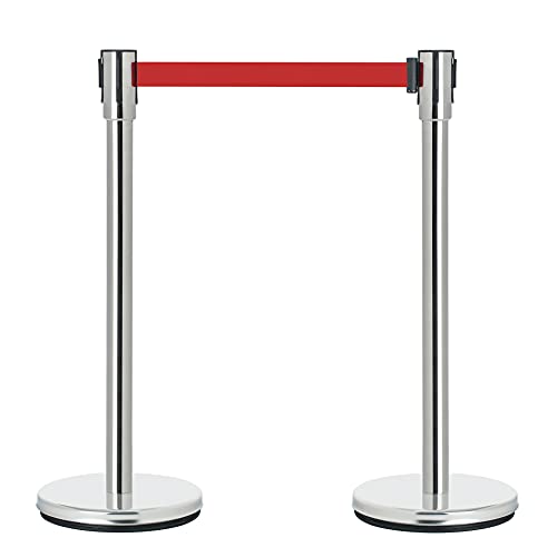 DuraSteel Crowd Control Barriers Line Dividers - Silver Stanchion Stainless Steel Posts with 6.5ft Red Retractable Belt Ropes - for Store Queues, Airport Lines, Event Entries - 2 Set/Pack - color: Red Belt, style: Silver Stanchion 2 Pieces Set