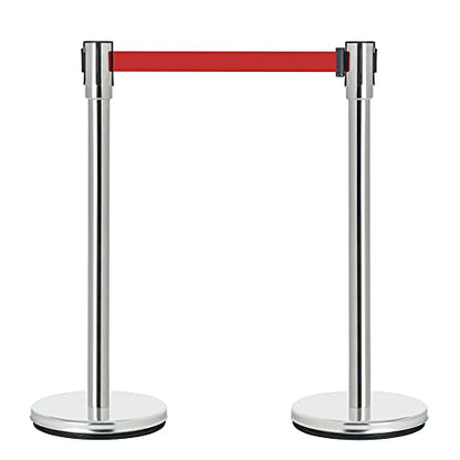 DuraSteel Crowd Control Barriers Line Dividers - Silver Stanchion Stainless Steel Posts with 6.5ft Red Retractable Belt Ropes - for Store Queues, Airport Lines, Event Entries - 2 Set/Pack - color: Red Belt, style: Silver Stanchion 2 Pieces Set