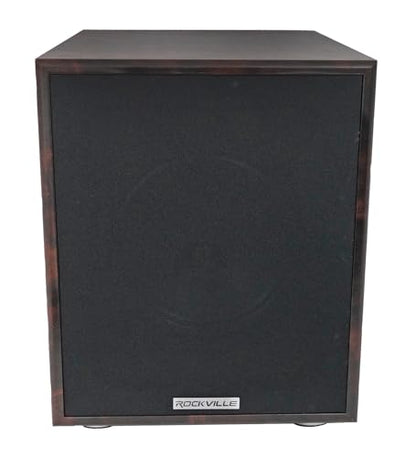 Rockville Rock Shaker 10" Dark Wood Powered Subwoofer Home Theater | 600W Peak, 300W RMS, RCA In/Out, High-Level In/Out, 20Hz-200Hz Response, MDF Enclosure, Class D Amplifier - color: Dark Wood