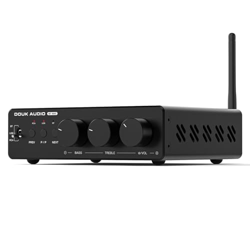 DoukAudio 2 Channel Bluetooth Amplifier: 600W aptX HD Power Amp Receiver with USB Input & Bass/Treble Controls for Home Stereo Speakers & Subwoofer (M1 MAX)