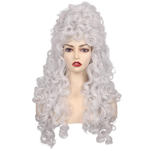 Long Curly Fluffy Cosplay Wig for Women Heat-Resistant Synthetic Fiber Hair Wig for Adult Halloween (Silver White) - color: Silver White