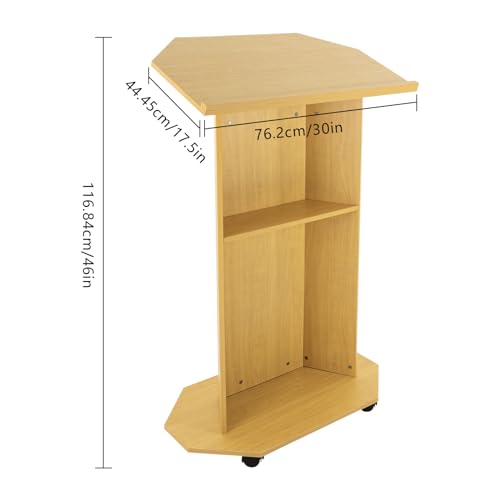 Portable Podium Stand with Wheels, 46 Inches Mobile Pulpit Podium Hostess Stand Lectern Podium Stand with 30 x 17.5 Inch Panel & 4 Universal Wheels in Schools, Classrooms - color: Oak Color(30*17.5*46in)