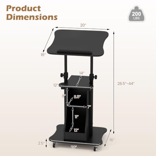Tangkula Mobile Lectern Podium, Height Adjustable Podium Stand, Standing Sit-to-Stand Desk, Rolling Cart Laptop Desk with Swivel Top Movable Wheels & Storage - color: Black, size: 20" x 16" x 44"