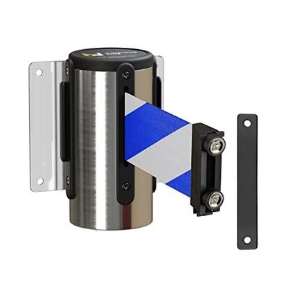 Montour Line WM115 Wall Mounted Retractable Belt Barrier with Magnetic Belt End, Magnetic Mount, Polished Stainless Steel Casing (8.5 ft Blue and White Diagonal Belt) - color: Blue and White Diagonal, size: 8.5 ft