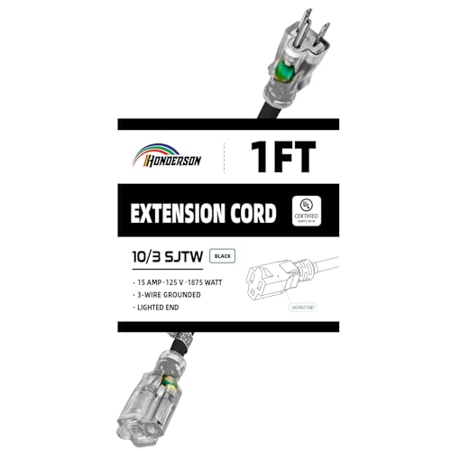 1 Ft Black Outdoor Extension Cord with Lighted End Weatherproof 10 Gauge | UL Certified 10/3 SJTW Cable, 15A Rated, Suitable for Outdoor Lighting, Lawn Equipment and Tools - size: 1FT, style: 10/3