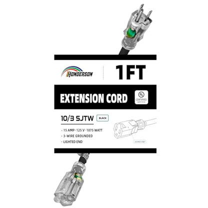 1 Ft Black Outdoor Extension Cord with Lighted End Weatherproof 10 Gauge | UL Certified 10/3 SJTW Cable, 15A Rated, Suitable for Outdoor Lighting, Lawn Equipment and Tools - size: 1FT, style: 10/3