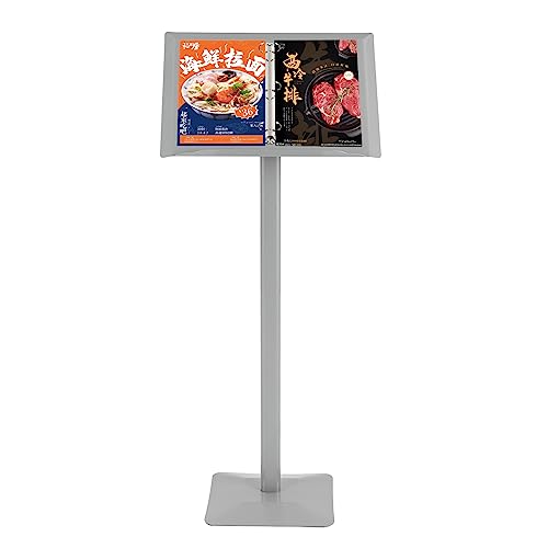 Vertical Flip Menu Display Stand, Floor Standing Sign Holder (Silver) | Sturdy Aluminum Alloy And Iron Frame, 45in Tall, 12.6" X 11" Non Slip Base. Ring Binder Holds Menus. Ideal For Restaurants - color: Silver