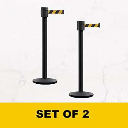 Montour Line MI760 Retractable Belt Barrier Stanchions, Set of 2 | 35 Ft Blue Belt, Black Powder Coated Posts and Cast Iron Bases - color: Blue, size: Black Powder Coated