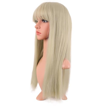 MapofBeauty 24 Inch Long Straight Flat Bangs Party Cosplay Wig, Blonde | 60 cm Synthetic Hair Wig, Heat Resistant, Women - color: Blonde